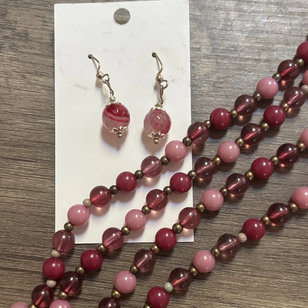 Pink Agate Drop Earrings + Beaded Necklace - Picture 2 of 6